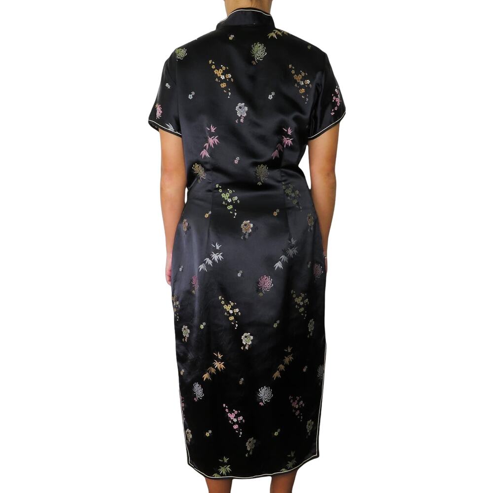 1980s Japenese Vintage Traditional Cheongsam Kimono Dress Black Floral Large - Picture 2 of 7